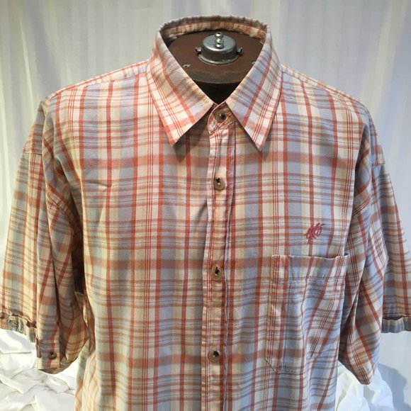Exco Jeans Mens Vintage Orange Blue Plaid Button Down Shirt Short Sleeve Sz 2XL - Picture 2 of 16